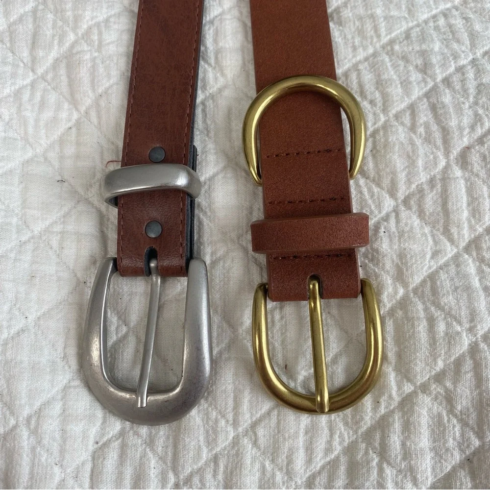 Bundle of 2 Brown Faux Leather Belts Silver & Gold Tone Buckles, 30-33” Waist